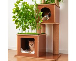 Krabpaal: CHICFURN Krabpaal - Krabben en klimmen - 68x45x175 cm - 2 kattenhuisjes - Afneembare bladeren - Voor meerdere katten - MDF, PE, sisal en pluche - Groen