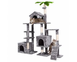 Krabpaal: CINK Pets Kattenboom XXL 150 cm - Met Kattenhuizen en Hangmat - Voor 5 tot 7 Katten - Met Ladder en Palmboom - Grijs - 140 x 55 x 150 cm