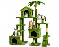 Krabpaal: CINK Pets Kattenboom XXL 150 cm - Met Kattenhuizen, Hangmat en Ladder - Krabpaal voor 5 tot 7 Katten - Met Palmboom - Groen - 140 x 55 x 150 cm