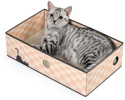 Conlun Krabplank voor Katten met Box, Groot Krabmeubel, Dubbelzijdige Krabplank voor Katten, Interactieve Openingen, Krabbed voor Binnenkatten, met Kattenkruid (1 Stuk, Groot, Dambord)