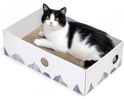 Conlun Krabplank voor Katten met Box, Groot Krabmeubel, Dubbelzijdige Krabplank voor Katten, Interactieve Openingen, Krabbed voor Binnenkatten, met Kattenkruid (1 Stuk, Groot, Wit)