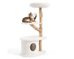 Krabpaal: COSTWAY 105 cm Krabpaal van Hout met Kattenhol Katten Toren met Pluche Zitvlak Platforms Bal Sisalstammen Kattenboom Beige