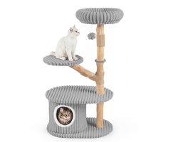 Krabpaal: COSTWAY 105 cm Krabpaal van Hout met Kattenhol Katten Toren met Pluche Zitvlak Platforms Bal Sisalstammen Kattenboom Grijs