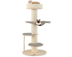 Krabpaal: COSTWAY 120 cm krabpaal van hout, kattenboom met hangmat & 3 platforms & sisal tapijt & krabzuil, kleine kattenkrabpaal voor katten, kattenmeubel, klimboom, activiteitsboom, speelboom, grijs + naturel