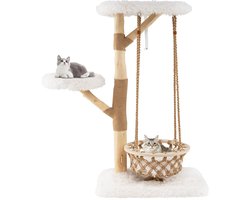 Krabpaal: COSTWAY 123 cm krabpaal van hout, kattenboom met hangmand, touw, echte houten takken, krabpalen van jute, 2 zitstokken en platform, kattenmeubel, klimtoren, kattenkrabpaal katten, naturel + wit
