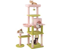 Krabpaal: COSTWAY 148 cm krabpaal, bloementhema, kattenboom met meerdere verdiepingen met kattenmand, hangmat, sisalpalen, krabplank, bal & platforms, kattenkrabpaal katten, klimboom, hout, roze + groen