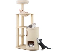COSTWAY 151 cm krabpaal van hout, grote kattenboom, kattenkrabpaal met 2 verdiepingen, hangmat & sisal-krabpaal, activiteitenboom, meerdere verdiepingen, kattenmeubel, klimboom, kattenhuis, naturel