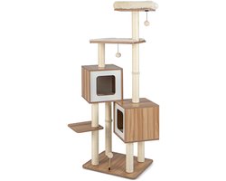 COSTWAY 163 cm krabpaal van hout, 6 verdiepingen grote kattenkrabpaal met 2 holletjes, 2 matten & 3 speelballen, klimboom voor huiskatten, kattenmeubels, katten, activiteitsboom, beige + naturel
