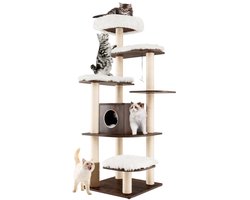 Costway 175 cm grote krabpaal van hout, 6-traps kattenkrabpaal groot, kattenspeelhuis met holte en 5 matten, activiteitenboom, kattenmeubel, klimboom, kattenhuis, kattenboom, donkerbruin