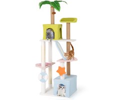 Krabpaal: COSTWAY 180 cm grote krabpaal met meerdere verdiepingen met 2 kattenholtes, platforms, sisalpalen, ladder/krabplank en speelgoed, kattenkrabpaal katten, klimboom, hout, kleurrijk