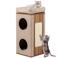Krabton: COSTWAY 3-laags krabton voor katten, krabpaal met krabplank & 3 matten, speelton voor katten tot 20 kg, kattenkrabpaal met kattenholen, kattentoren kattenhuis kattenmeubel (Beige+Natuur)