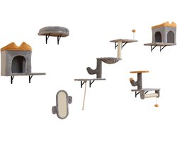 COSTWAY 6 stuks klimwand katten, krabpaal met bal en platforms, 2 kattenholletjes, 3 verdiepingen tellende kattentoren met hangmat, 1 bed & 1 krabplank, kattenboom muur, kattentrap klimboom, grijs