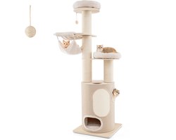 COSTWAY Grote krabpaal met 2 verdiepingen, 2 hangmatten, afneembaar bed, sisalplank, speelbal, kattenkrabpaal, kattenmeubel, klimboom, activiteitsboom, hout, natuur