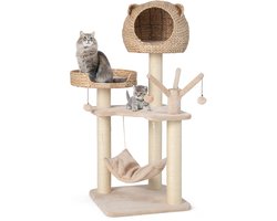 COSTWAY Kattenboom met hol, 121 cm hoog, kattenkrabpaal met hangmat & 4 pluche ballen & bed, kattenkrabpaal klein, klimboom met kattenhol, van buiszuigerdons, kattenmeubel, kattenhuis
