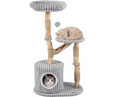 Krabpaal: COSTWAY Kattenkrabpaal van Natuurlijk Hout met Kattenholte 105 cm Krabpaal Hout met Jute Krabpalen Afneembare Kussen Speelbal en Stabiele Klimtoren Grijs