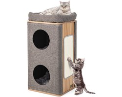 COSTWAY Kattenmand, kattenhuis met krabplank en 3 matten, speelton voor katten tot 20 kg, kattenkrabpaal met holletjes, kattentoren, kattenmeubel, grijs + naturel