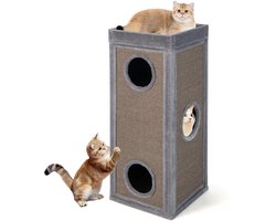 COSTWAY Kattenton, 4 verdiepingen, krabpaal met krabplank, 3 kattenholtes en kussens, speelton voor katten tot 25 kg, kattenkrabpaal met holletjes, 40 x 40 x 99 cm, grijs