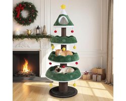 Krabpaal: COSTWAY Kerst krabpaal 180 cm Kerstmis - Kattenkrabpaal met vier verdiepingen - 1 Hol, en 11 Speelballen - Kattenmeubel kerstboomversiering