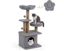 Krabpaal: COSTWAY Klauwboom, 96 cm, kattenboom met kattenhol, platform, bed, grote bas en 2 ballen, dikke jute stammen, klauwboom voor katten kattenmeubels, klimboom, activiteitenboom (grijs)