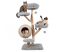 Krabpaal: COSTWAY Klauwboom van hout, 134 cm hoog, kattenboom met kattenmand (grijs)