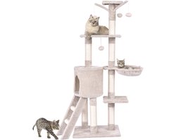 COSTWAY Krabpaal, 140 cm, kattenboom met platforms, kattenmand, speelbal, ladder, sisalpalen & mand, kattenkrabpaal, kattenmeubel, klimboom, activiteitsboom, beige