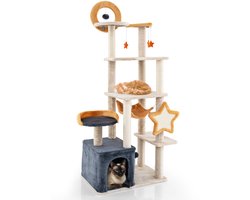 COSTWAY Krabpaal, 160 cm meerlaagse kattenboom met sisal krabpalen & -plank, huis, pluche zitting, platforms, hangspeelgoed, springbal, kattenkrabpaal, grote kattentoren