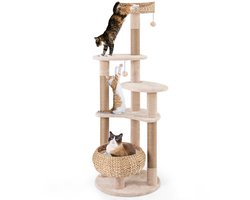 Krabpaal: COSTWAY Krabpaal 164 cm hoog, kattenboom met zitstang en mandbed van buiskolven, jutepalen, platforms en ballen, klimboom met 6 verdiepingen, kattenkrabpaal katten, beige