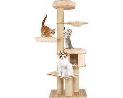 COSTWAY Krabpaal, 6 verdiepingen, hout, 191 cm, kattenboom met hangmat, kattenmand, mandbed en sisalpalen, grote kattenkrabpaal, kattenmeubel, klimboom, activiteitenboom, speelboom, beige