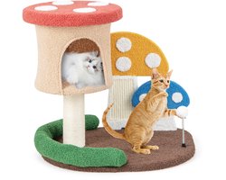 Krabpaal: COSTWAY Krabpaal in paddenstoellook, kattenboom met kattenhol, sisal-krabplank en grote basis & speelbal, klimboom teddystof, katten kattenmeubel klimboom, kattenkrabpaal hout, 60x49x59cm, kleurrijk
