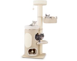 COSTWAY Krabpaal, kattenboom met 2 verdiepingen, hangmat, afneembaar bed, sisalplank, speelbal, kattenkrabpaal, kattenmeubel, klimboom, activiteitsboom, beige + natuur