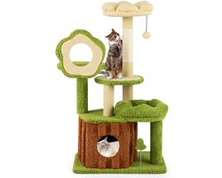COSTWAY Krabpaal, kattenboom met kattenmand, platforms, pluche slaapbed, bal & krabzuil, kattenkrabpaal, kattenmeubel, klimboom, activiteitsboom, groen + bruin (55 x 40 x 100 cm)