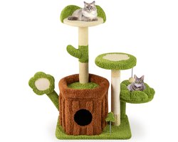 COSTWAY Krabpaal, kattenboom met kattenmand, platforms, pluche slaapbed, bal & plank, kattenkrabpaal katten, kattenmeubel, klimboom, activiteitsboom, groen + bruin (55 x 40 x 92 cm)