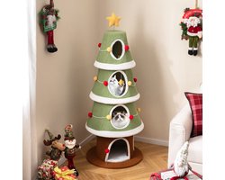 Krabpaal: COSTWAY Krabpaal Kerstmis 154 cm - kattenboom - met 4 kattenholtes - kerstboom kattenkrabpaal - groen + bruin