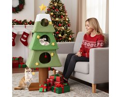 Krabpaal: COSTWAY Krabpaal Kerstmis 162 cm - kattenboom - met 3 kattenholtes - kerstboom kattenkrabpaal groot - groen + bruin