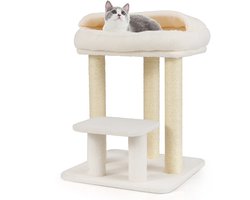 Krabpaal: COSTWAY Krabpaal klein, 61 cm, kattenboom met zachte zitting, grote basis, platform en sisal-krabzuilen, kattenkrabpaal hout, kattenmeubel, klimboom, activiteitsboom, speelboom, wit