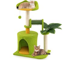 COSTWAY Krabpaal klein, kattenboom met kattenmand, kunstmatige bladeren, kattenborstel, ligstoel, sisal-krabpaal & bal, klimboom, katten, kattenkrabpaal, 48 x 33 x 79 cm, groen + oranje