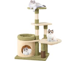 Krabpaal: COSTWAY Krabpaal klein, kattenboom met platforms, kattenhol & hangmat & vachtverzorging, kattenkrabpaal hout en pluche, katten kattenmeubel klimboom, activiteitenboom, speelboom, groen