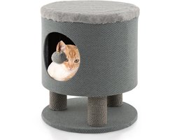 Krabpaal: COSTWAY Krabpaal klein, kattenhol & kruk, kattenboom met zachte zitting & 3 sisal-krabzuilen & bal, kattenhuis klimboom, kattenkrabpaal kattenmeubel, 40 x 40 x 47 cm (grijs)