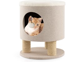 COSTWAY Krabpaal klein, kattenhol & kruk, kattenboom met zachte zitting & 3 sisal-krabzuilen & bal, kattenhuis klimboom, kattenkrabpaal kattenmeubel, 40x40x47cm (beige)