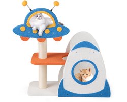 Krabpaal: COSTWAY Krabpaal klein, ruimtethema, kattenboom met UFO-platform, speelgoed, sisal-krabzuilen en raketkattenhuis, kattenkrabpaal, kattenmeubel, klimboom, blauw