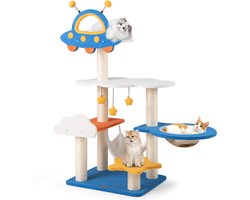Krabpaal: COSTWAY Krabpaal klein, ruimtethema, kattenboom met UFO-platform, speelgoed, sisal-krabzuilen, hangmat & ruimtecapsule, kattenkrabpaal, kattenmeubel, klimboom, blauw