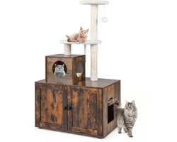 COSTWAY Krabpaal met kattenkast, all-in-one kattenhuis van hout, kattenkrabpaal met ingang, hol, sisalstam en speelbal, kattenmeubel, kattenboom, kattenspeelhuis, 77,5 x 49 x 132 cm
