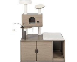 COSTWAY Krabpaal met kattenkast, kattenboom met hol & krabplank & ingang & speelbal & kussens, all-in-one kattenhuis, kattenkrabpaal groot, kattenmeubel katten, grijs, 95 x 55,5 x 132 cm