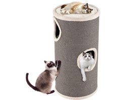Krabpaal: COSTWAY Krabpaal, Ø 36 cm, 70 cm hoog, krabpaal voor katten met sisal-krabplank, 3 kattenholletjes, pluche bed & pluche rand, 4-verdiepingen krabpaal, voor kleine en middelgrote katten tot 15 kg