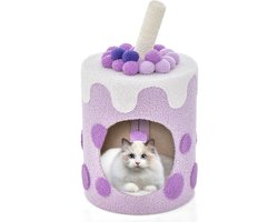 COSTWAY Krabpaal, schattige melktheevorm, kattenboom met sisalpalen en speelballen, kattenkrabpaal met holletjes, speelton voor katten, kattenmeubels, krabtoren, 37 x 37 x 67 cm (paars)