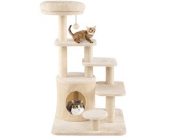 COSTWAY Krabpaal van hout, 102 cm, kattenboomhol, gevoerde zitstang, sisal-krabpalen & platforms, klimboom met 7 verdiepingen, kattenkrabpaal katten, beige