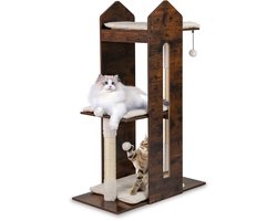 Krabpaal: COSTWAY Krabpaal van hout, 120 cm, kattenboom met krabzuil, 3 platforms, ballen en afneembare kussens, kattenkrabpaal katten, klimboom, activiteitsboom, vintage bruin