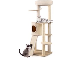 COSTWAY Krabpaal van hout, 143 cm, kattenboom met krabton, sisal-krabzuilen, platform, sisalplank, speelbal & ladder, kattenkrabpaal katten, kattenmeubel, klimboom, activiteitsboom, natuur