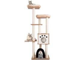 Krabpaal: COSTWAY Krabpaal van hout, 6 verdiepingen, 176 cm, kattenboom met gezellige matten, hol en kattenboog, grote kattenkrabpaal, klimboom, activiteitsboom, speelboom, beige