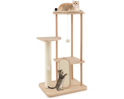 Krabpaal: COSTWAY Krabpaal van hout, kattenboom met krabplank & platforms & sisalpalen & speelgoed, kattenkrabpaal, kattentoren, modern, kattenmeubel, activiteitenboom, klimboom, speelboom, natuur